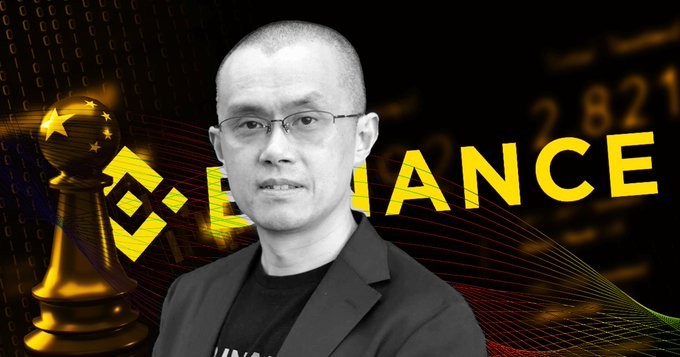 A black-and-white portrait of Changpeng Zhao is overlaid on a Binance graphic featuring the brand name and a chess king piece.