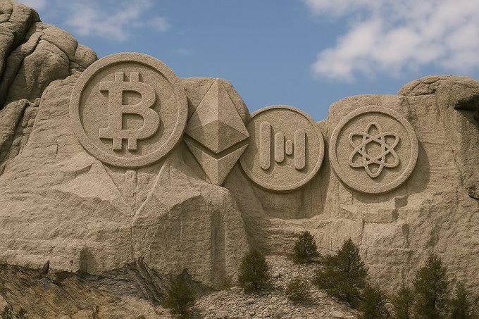 A 3D rendering shows cryptocurrency logos for Bitcoin, Ethereum, Solana, and what appears to be an atom symbol carved into a Mount Rushmore-style stone monument.