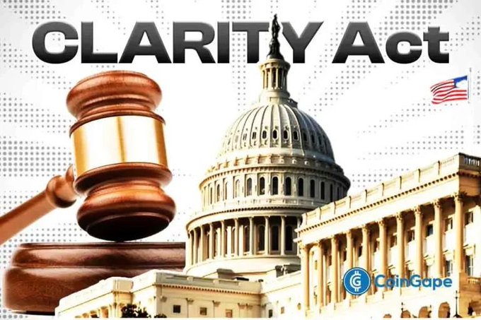 A graphic for the 'CLARITY Act' featuring a wooden gavel and the U.S. Capitol building, branded with the CoinGape logo.