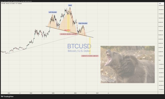 The image shows an interactive chart of Bitcoin currency against bears. There is a bear with its mouth open in the middle of the image. The bear's position in relation to the Bitcoin price points towards a negative price, indicating that the bear's value has decreased relative to the Bitcoin. In contrast, there is another image showing a bull-like position for Bitcoin and an upright H&S for bears, suggesting that the Bitcoin is performing well against bears.