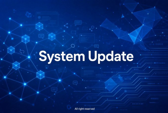 A blue technology-themed banner with network nodes, cubes, and circuit patterns displaying the text 'System Update' in large white letters and 'All right reserved' at the bottom.