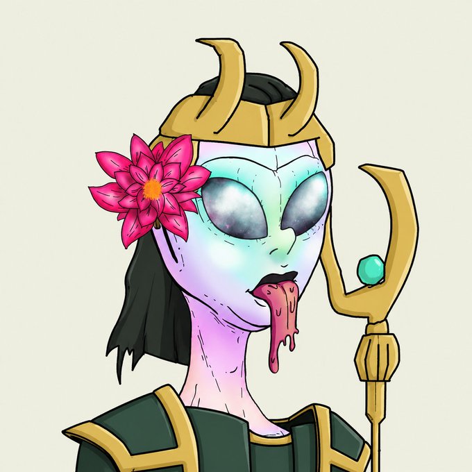 A cartoon illustration of a pale alien-like female character wearing a golden horned helmet and green armor, with a pink flower in her hair, large reflective eyes, and pink liquid dripping from her mouth, holding a golden staff.