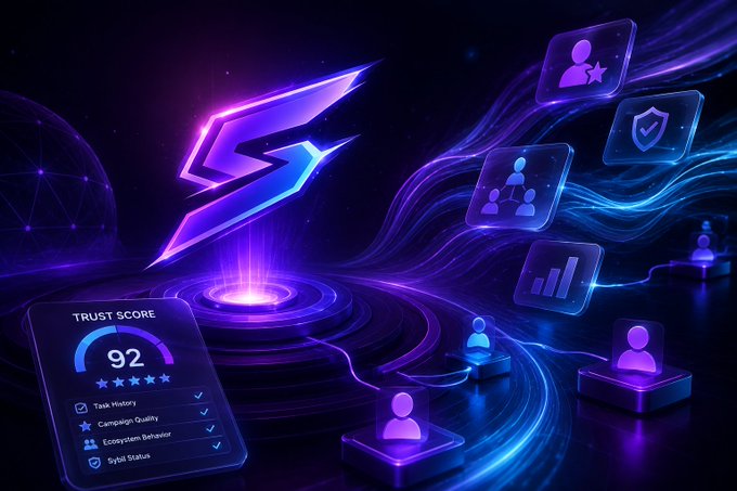 A futuristic digital illustration featuring a glowing blue and purple 'S' logo hovering above a 'TRUST SCORE' panel displaying 92 with five stars and checkmarks for items like 'Task History,' 'Campaign Quality,' 'Ecosystem Behavior,' and 'Sybil Status,' surrounded by holographic icons of user profiles, shields, and charts.