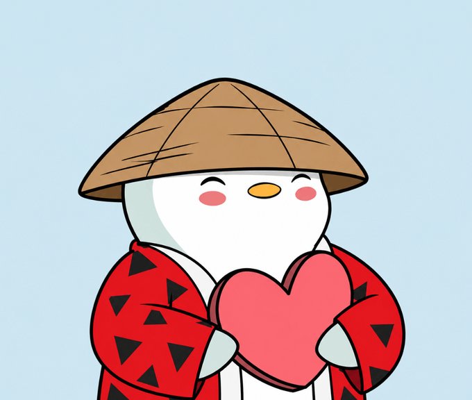 A cartoon illustration of a cute white character wearing a traditional Asian bamboo hat and red patterned robe, holding a pink heart against a light blue background.