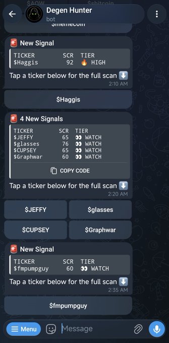 The image shows a screenshot of the "Degen Hunter" bot displaying new token signals, including $Haggis (SCR 92, HIGH tier), $JEFFY, $Glasses, $CUPSEY, $Graphwar, and $fmpumpguy (all WATCH tier with scores 60-65), illustrating the free tier signals mentioned in the post. The post notes that while these free signals provide access to token alerts, they are lower-scored and therefore carry higher risk compared to the paid Alpha plan.