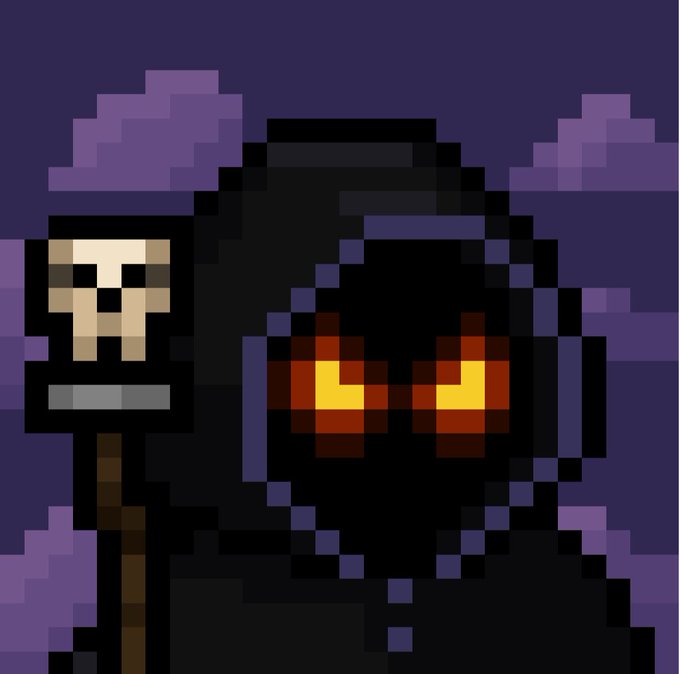 Pixel art showing a hooded dark figure with glowing yellow eyes holding a skull-topped staff against a purple background.