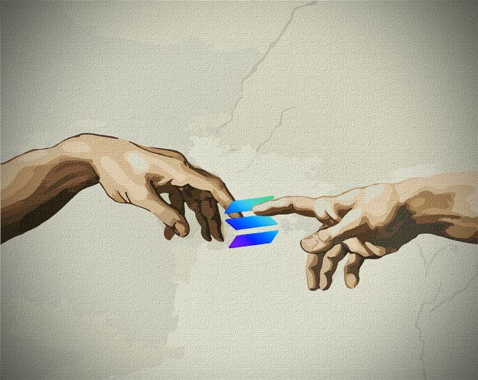A stylized version of Michelangelo's "Creation of Adam" depicts two hands reaching toward each other with their fingers nearly touching, with the blue and purple Solana logo substituted for the iconic spark between them. The image symbolizes SOL as a "divine touch" of innovation, alluding to the post's emphasis on groundbreaking Solana upgrades like SIMD-550 (disinflation) and SIMD-547 (activity-based burn), alongside its explosive growth in spot volume, RWA, and ecosystem projects.