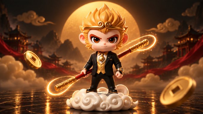 A stylized chibi-style figurine of the Monkey King with golden spiky hair and a headband, dressed in a black suit, holding a glowing golden staff while standing on a cloud, with a full moon and ancient Chinese architecture in the background.