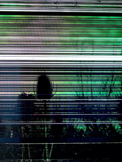 A glitched, pixelated image showing horizontal bands of green, white, and black with a silhouetted figure visible in the center against what appears to be a cityscape.