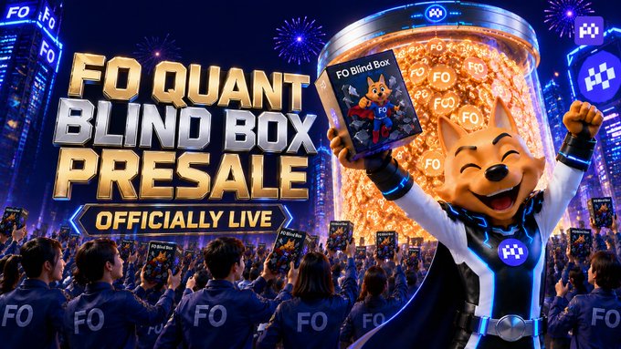 A vibrant promotional banner announces "FO QUANT BLIND BOX PRESALE" with "OFFICIALLY LIVE" tagline, featuring a cheerful Shiba Inu mascot holding a "FO Blind Box" above a cheering crowd holding "FO" boxes, with golden blinds boxes cascading from a glass dispenser against a futuristic city skyline with fireworks—visually reinforcing the limited 3,000-box presale and WL allocation offer.