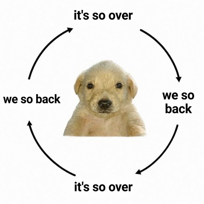 A meme image showing a golden retriever puppy in the center of a circular cycle labeled 'it's so over' and 'we so back' in alternating text.