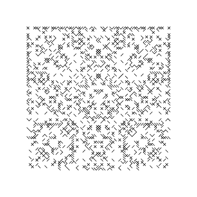 A black and white pattern of scattered marks resembling crosses, checkmarks, and lines on a white background.