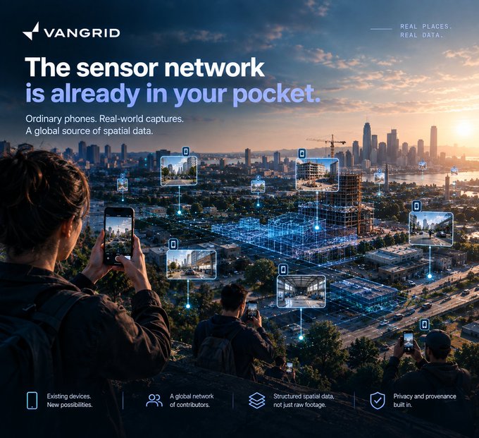 A promotional graphic for "VANGRID" showing people on a hill photographing a city with floating image cards, with the text "The sensor network is already in your pocket" and "REAL PLACES. REAL DATA."
