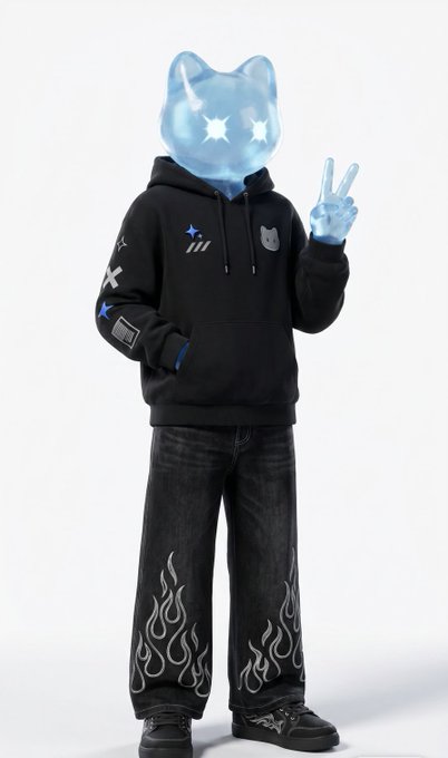A figure wears a black hoodie with flame and star designs on the sleeves, black jeans with flame patterns, and a translucent blue glowing cat-shaped helmet.