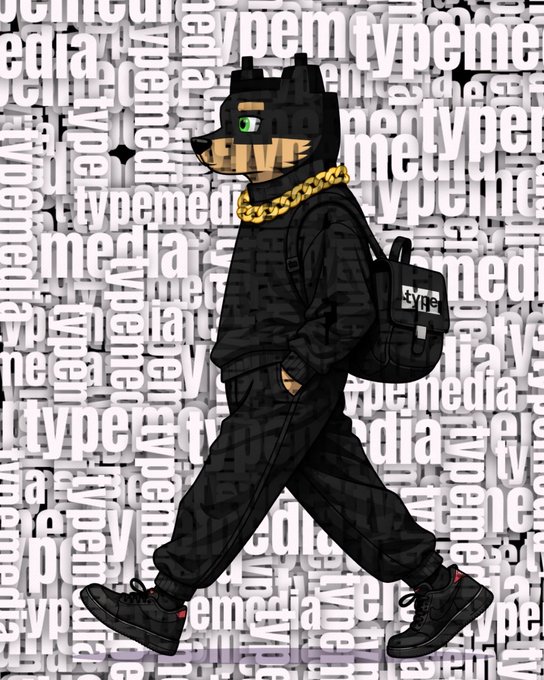 An illustration of an anthropomorphic dog character dressed in black streetwear, including a tracksuit and backpack, wearing a gold chain and sunglasses; the background features a repeating pattern of the word "typed".