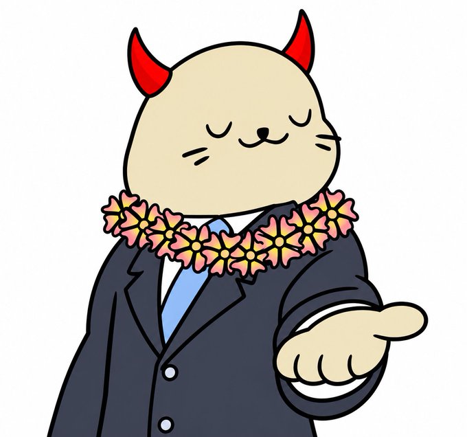 A cartoon illustration of a smiling cat-like character with red horns, wearing a black suit and blue tie, adorned with a pink and yellow flower lei, gesturing with one hand outstretched.