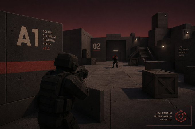 A first-person view of a tactical shooter training arena labeled "A1 SOLANA OFFENSIVE TRAINING ARENA v0.1," where a helmeted player aims at a distant enemy in a 1v1 bot match. The scene, set under a dark red sky, illustrates the post's message about jumping straight into AI practice matches with features like "FAST MOVEMENT" and "PRECISE GUNPLAY" advertised in the corner, requiring "NO INSTALL."