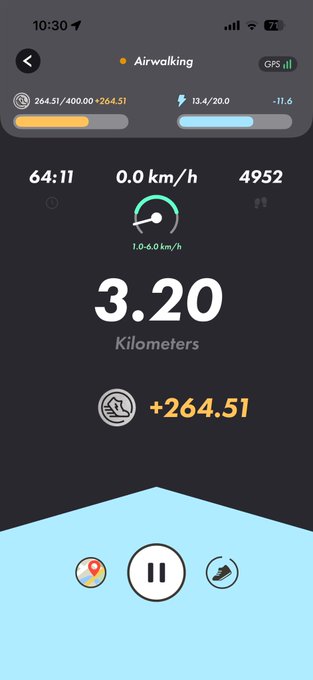 The image shows a phone screen displaying information about an airwalking app, including the distance traveled and the time taken for each step. The app also provides a map of the route taken during the walk. There are two buttons on the screen - one is labeled "Step" with a picture of a person walking, while the other button is labeled "StepNGO".