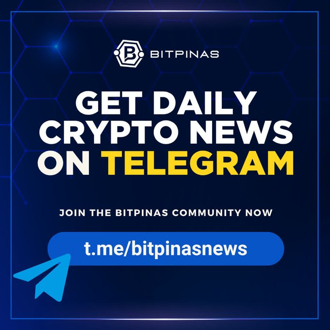 A promotional graphic for 'BITPINAS' with the text 'GET DAILY CRYPTO NEWS ON TELEGRAM' and a link to 't.me/bitpinasnews' against a dark blue hexagonal background.