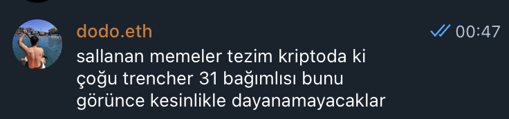 A screenshot of a Twitter post by "dodo.eth" in Turkish, mentioning "trencher 31 bağımlısı."