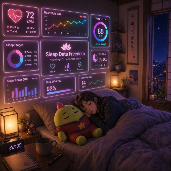 An anime-style illustration of a girl sleeping with a Keroppi plush, surrounded by glowing neon pink and purple sleep tracking dashboard panels showing heart rate (72 BPM), sleep score (85), sleep stages, and breathing rate.