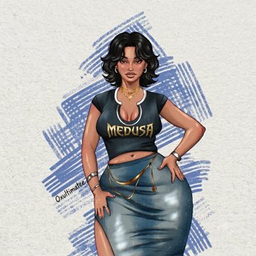 A digital illustration depicts a confident woman with dark, wavy shoulder-length hair, wearing a black crop top emblazoned with "MEDUSA" in gold lettering, paired with a fitted blue-grey skirt and gold accessories, set against a blue brushstroke background. The artwork is signed "Quillmaster" and serves as fan art honoring @MedusaOnchain, celebrated in the post as a prominent and inspiring figure in the crypto community.