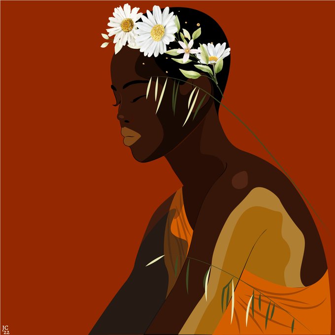 A minimalist digital illustration shows a Black woman in profile with her eyes closed, adorned with white daisies and green grass blades in her hair, set against a solid rust-orange background.