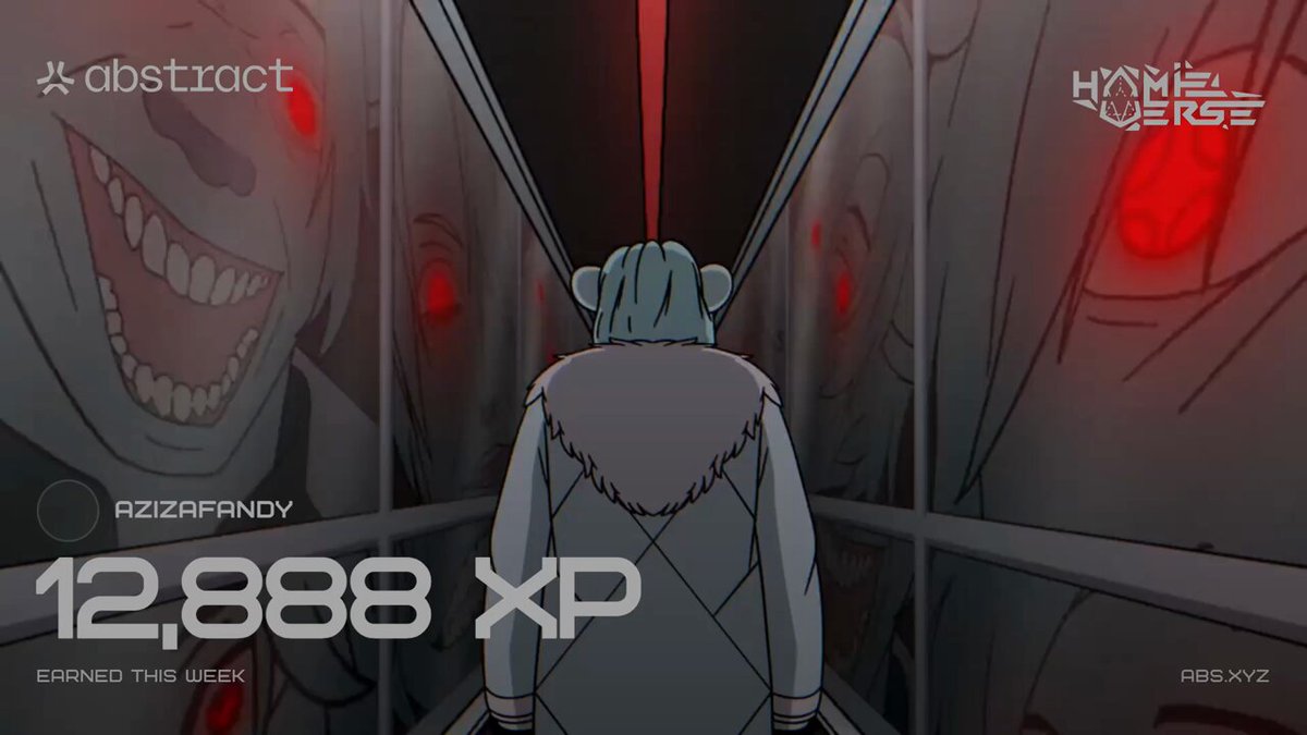 The image features a cartoon character wearing a white coat with red eyes, standing in front of a mirror that reflects another cartoon character. The text "Fresh week, fresh @AbstractChain XP Drop Drop your @hamieverse XP cards in the replies Let'S see them #Abstract" is present on the image. This post seems to be promoting an abstract art piece or a digital artwork, possibly related to Abstract Chain's latest release of XP cards.