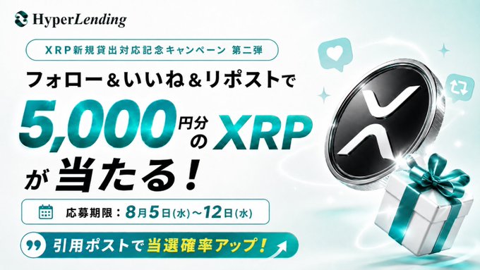 A HyperLending promotional campaign image announces a giveaway of 5,000 yen worth of XRP (5,000円分のXRP) to participants who follow the account, like and repost the post, with the campaign running from August 5-12 (8月5日(水)~12日(水)) and quote posts boosting winning chances.
