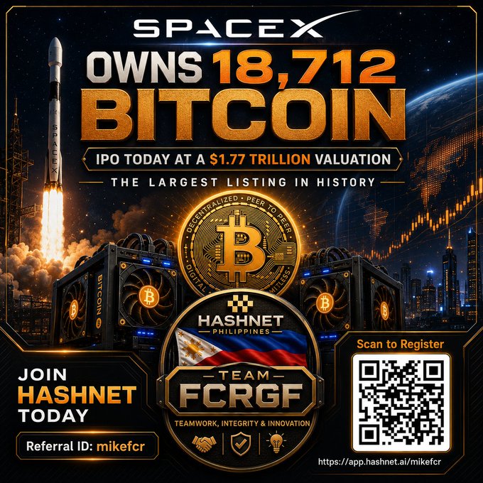 The post features a screenshot of the SpaceX logo, along with an advertisement for Bitcoin that reads "SpaceX owns 18,712 Bitcoin!". The text suggests that there might be an upcoming Bitcoin IPO and mentions that the company has taken ownership of this digital currency. Additionally, the post includes details about a team known as HashNet x TeamFCRGF and their goals related to Bitcoin and cryptocurrency innovation.