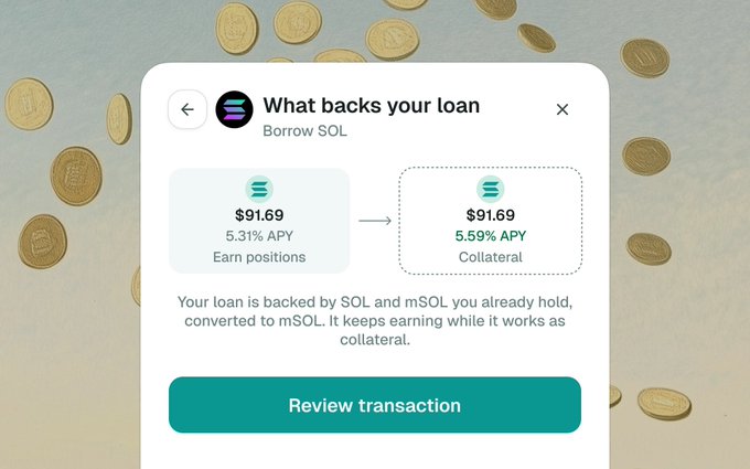 A financial app interface titled "What backs your loan" shows a comparison between "Earn positions" ($91.69 at 5.31% APY) and "Collateral" ($91.69 at 5.59% APY) for borrowing SOL cryptocurrency, set against a background of scattered gold coins.