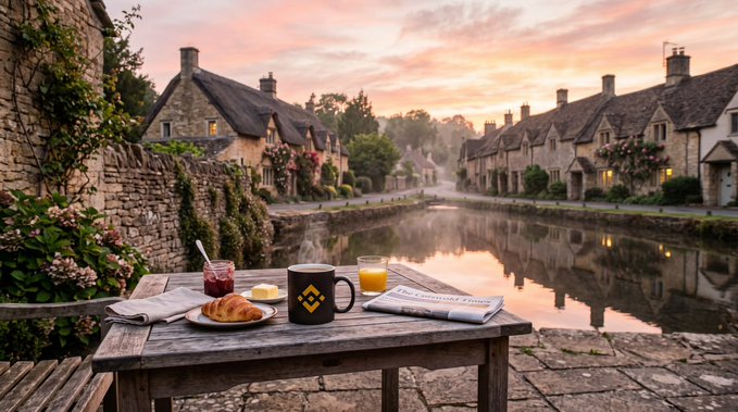 A rustic wooden table set with coffee, orange juice, jam, and a croissant sits by a river in a storybook village at sunset, with stone cottages reflecting in the calm water.