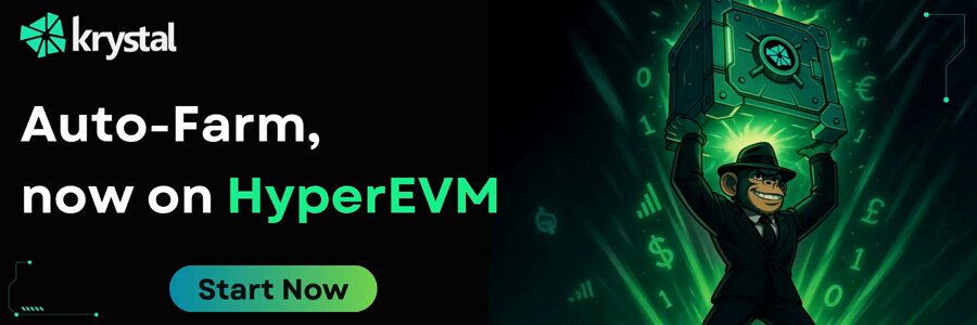 The image features a cartoon character holding a green box with a dollar sign on top of it. The text above the image reads "Auto-Farm is now live on HyperEVM $HYPE has the attention. @HyperliquidX EVM brings the LP opportunities. Now your Krystal Auto-Farm Agent can help discover pools, deploy liquidity, and optimize your vault hands-free".