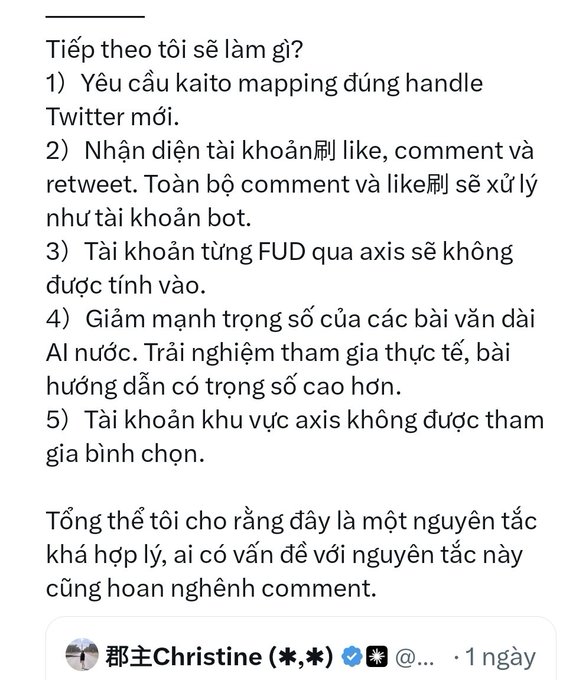 A screenshot of Vietnamese text outlining five rules for Kaito mapping, handling bots, and FUD accounts, with a Twitter account '郡主Christine' visible at the bottom.