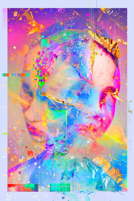 A vibrant glitch art portrait showing a stylized face composed of colorful pixelated fragments, neon splashes of pink, blue, yellow, and gold against a light background.