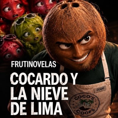 Promotional image for 'FRUTINOVELAS COCARDO Y LA NIEVE DE LIMA' featuring a CGI character with a coconut shell head wearing a 'COCO'S' apron, alongside small fruit characters.