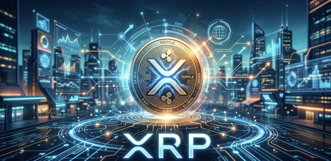 A glowing digital coin displaying the "Ripple XRP" logo hovers above a futuristic circuit board, with text including "FAST," "GLOBAL," and "XRP" and charts highlighting surging market activity—visually reinforcing the post's claims of record-high futures volume, sustained ETF inflows, and growing institutional momentum for XRP.