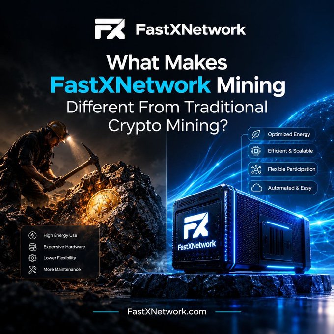 A FastXNetwork advertisement asking 'What Makes FastXNetwork Mining Different From Traditional Crypto Mining?' featuring a comparison between traditional mining and their optimized system.