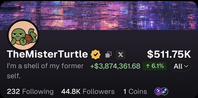 The image shows a Twitter/X profile for "TheMisterTurtle" featuring a turtle avatar, displaying a portfolio value of $511.75K with a gain of +$3,874,361.68 (6.1%) and 44.8K followers. The post caption "wen" is a crypto slang expression asking when a price move or pump will happen, fitting the context of the trader's impressive gains shown on their profile.