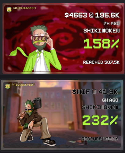 The image displays two Rick and Morty-themed trading cards from @RICKBURPBOT showing successful bets: the top card features Shikiboki token "SHIKI" reaching 507.5K with a 158% gain from a 196.6K entry, while the bottom card shows $WIF hitting 139.1K with a massive 232% gain from a 41.9K entry, both perfectly visualizing the poster's celebration of their "bet printing" and the shoutout to $WIF pumping.
