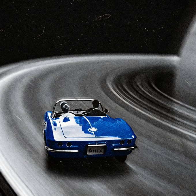 A blue vintage convertible with a license plate reading "HTX" races along a curving track, evoking a sense of speed and excitement. The image visually ties to the post's mention of "HTX" and the VIP perks, using the classic car as a nostalgic metaphor for the user's reflection on the past while highlighting the impressive World Cup event perk.