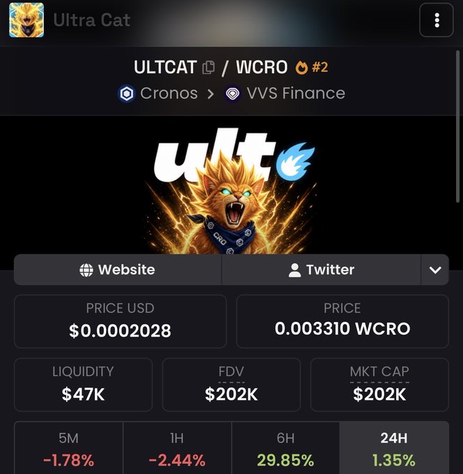 A cryptocurrency tracking app displays a token called 'ULTCAT / WCRO' featuring a roaring orange cat graphic, priced at $0.0002028 with a $47K liquidity and market cap of $202K.