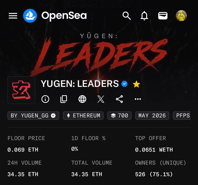 The image contains a black and white screenshot of an OpenSea trading platform, specifically a trading page for the Yugen Leaders leadership board. The main focus is a table with two columns: one displaying the floor price and another providing information about the total volume. 

This post mentions that "eth" has been used in the context of ether mining, which suggests a connection to the Yugen Leaders trading platform. The post also talks about "eth", which implies that there might be some discussion around this currency or the involvement with Etherium within the board.
