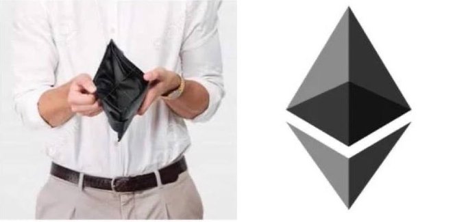 The image features a man holding an open wallet, which has a black and white design with a triangle shape at the top. Below the wallet, there's a logo that resembles the Ethereum cryptocurrency symbol. The text "They used the wrong Ethereum Logo" is written in the bottom right corner of the image. This suggests that someone might have made a mistake while creating or using the Ethereum logo, possibly due to an incorrect representation of the cryptocurrency symbol.