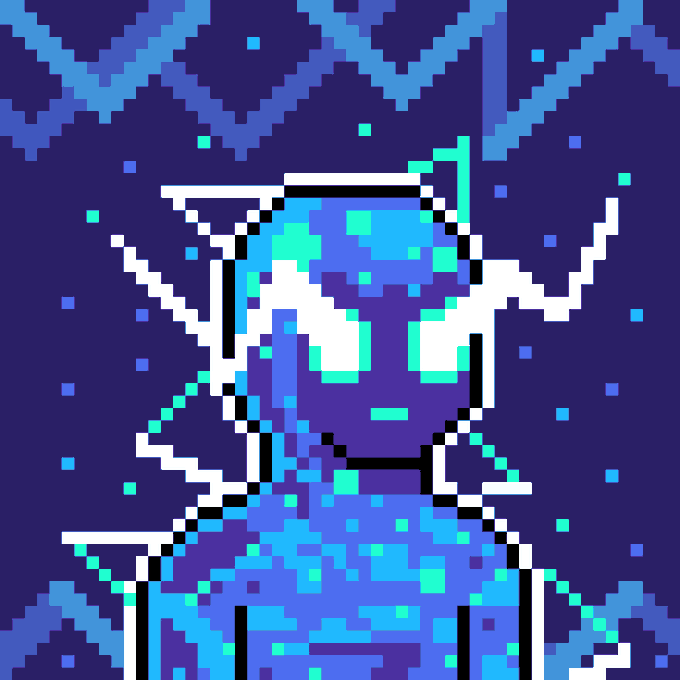 A pixel art illustration of a glowing blue figure or character with cyan hair against a dark blue, starry background.