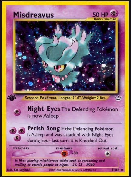 A custom Pokémon trading card depicts "Misdreavus," a Screech Pokémon with 50 HP, featuring moves "Night Eyes" and "Perish Song," illustrated by Ken Sugimori for the 1995-2000 GAMEFREAK series.