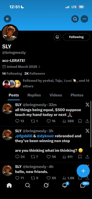 Twitter/X profile page for user @bringmesly (display name SLY) with bio 'acc-LERATE!', joined March 2026, showing posts including 'hello, new friends.' and references to @fgsbillll and @dyknoir.