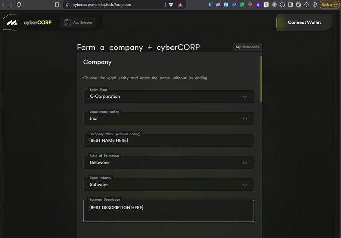 The image shows a MetaLeX company formation webpage titled "Form a company + cyberCORP," with a form pre-filled to incorporate a Delaware C-Corporation in the Software industry, ready for users to enter their company name and description.