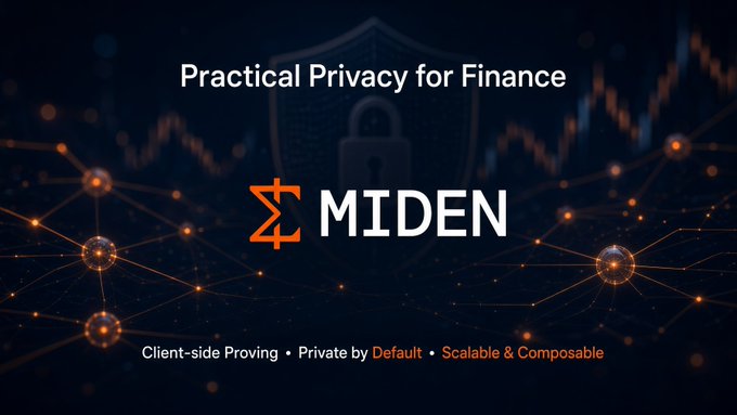 A promotional graphic for "MIDEN" featuring the tagline "Practical Privacy for Finance" with features "Client-side Proving • Private by Default • Scalable & Composable" against a network and chart background.