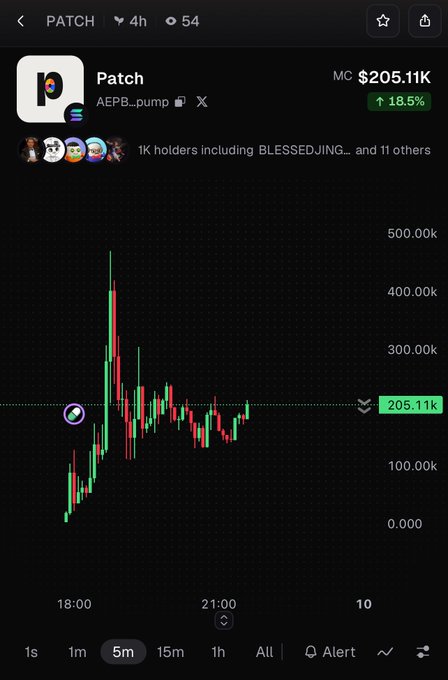 A cryptocurrency chart for 'Patch' (AEPB...pump) showing a market cap of $205.11K, up 18.5%, with the 5m chart visible.